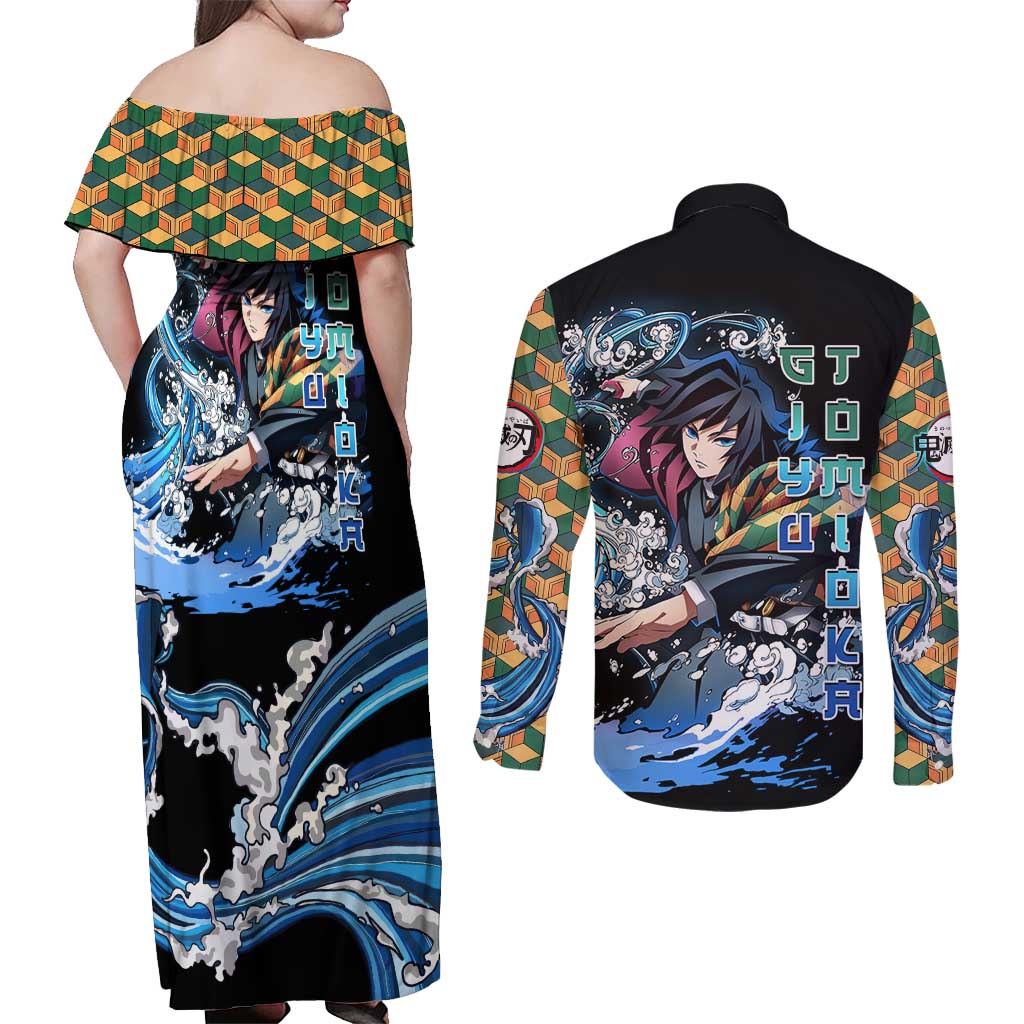 Giyu Tomioka Demon Slayer Couples Matching Off Shoulder Maxi Dress and Long Sleeve Button Shirt with Green and Orange Cube Water Style Design - The Mazicc