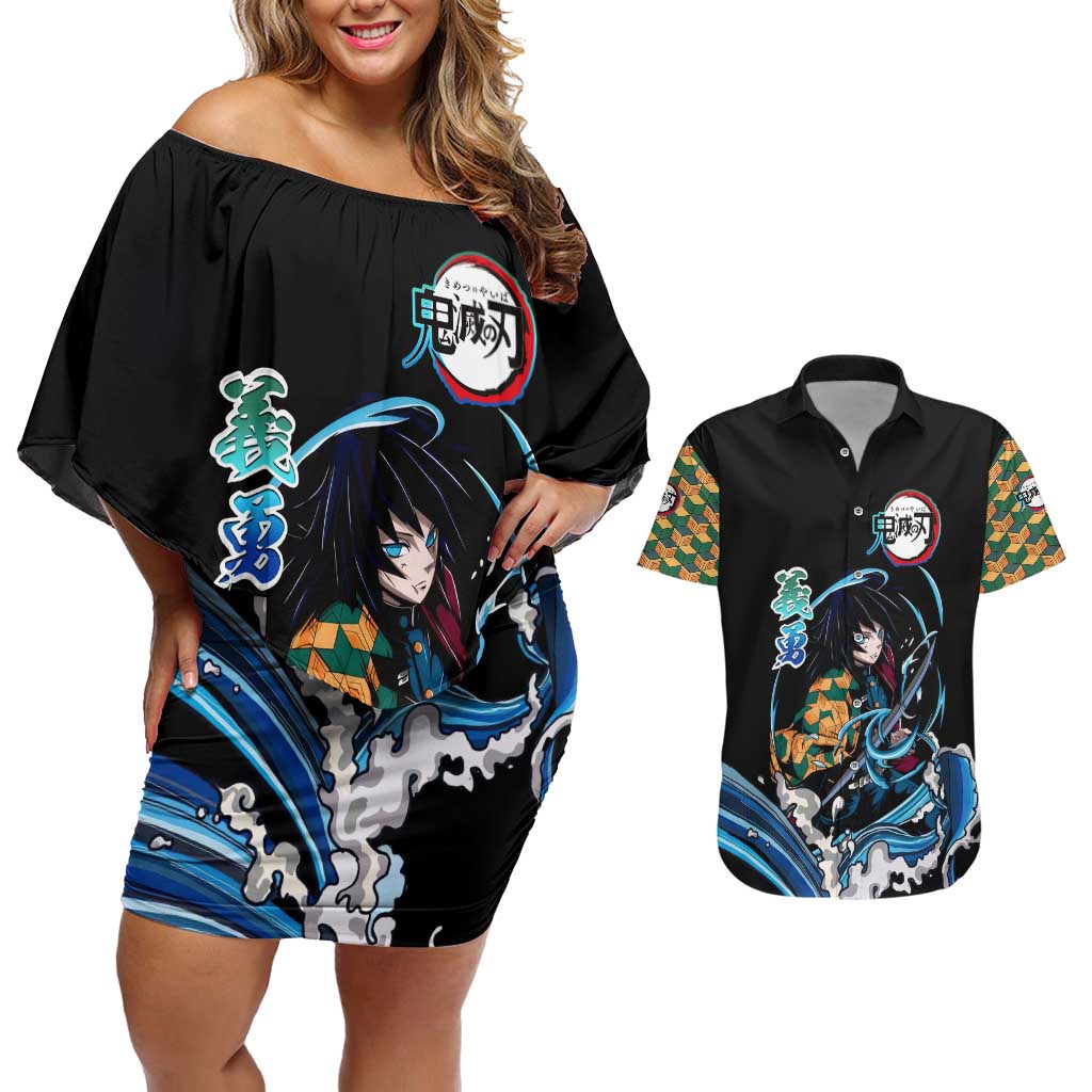 Giyu Tomioka Demon Slayer Couples Matching Off Shoulder Short Dress and Hawaiian Shirt with Green and Orange Cube Water Style Design - The Mazicc
