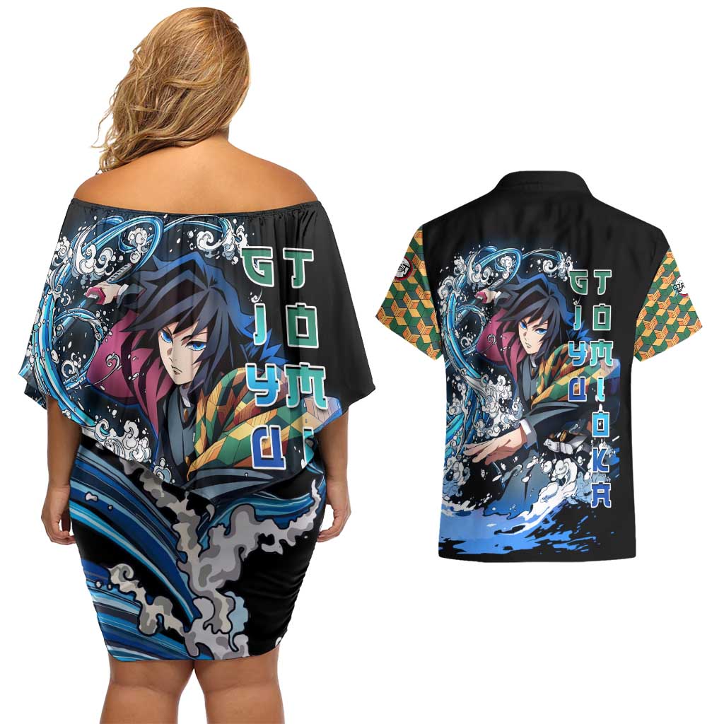 Giyu Tomioka Demon Slayer Couples Matching Off Shoulder Short Dress and Hawaiian Shirt with Green and Orange Cube Water Style Design - The Mazicc