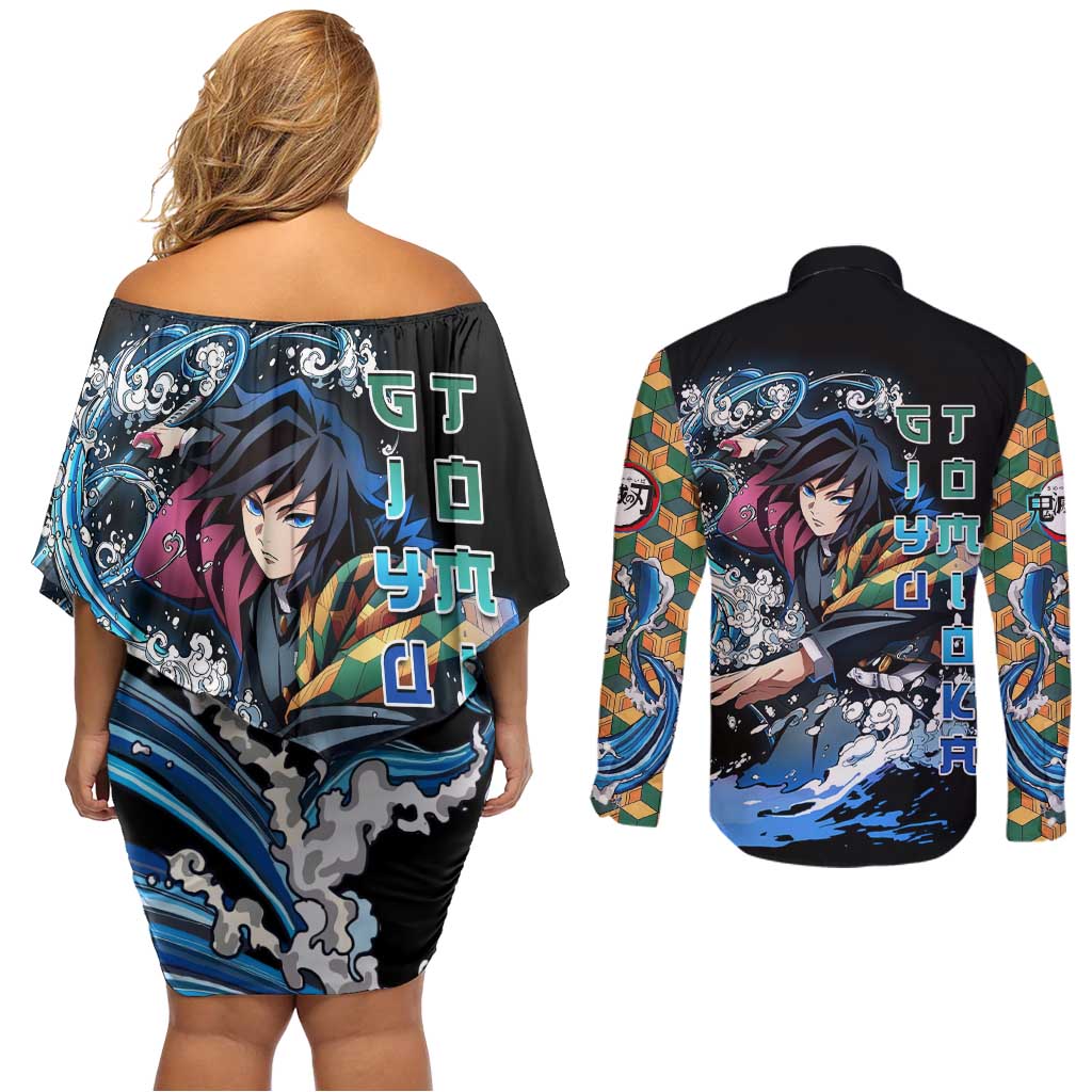 Giyu Tomioka Demon Slayer Couples Matching Off Shoulder Short Dress and Long Sleeve Button Shirt with Green and Orange Cube Water Style Design - The Mazicc
