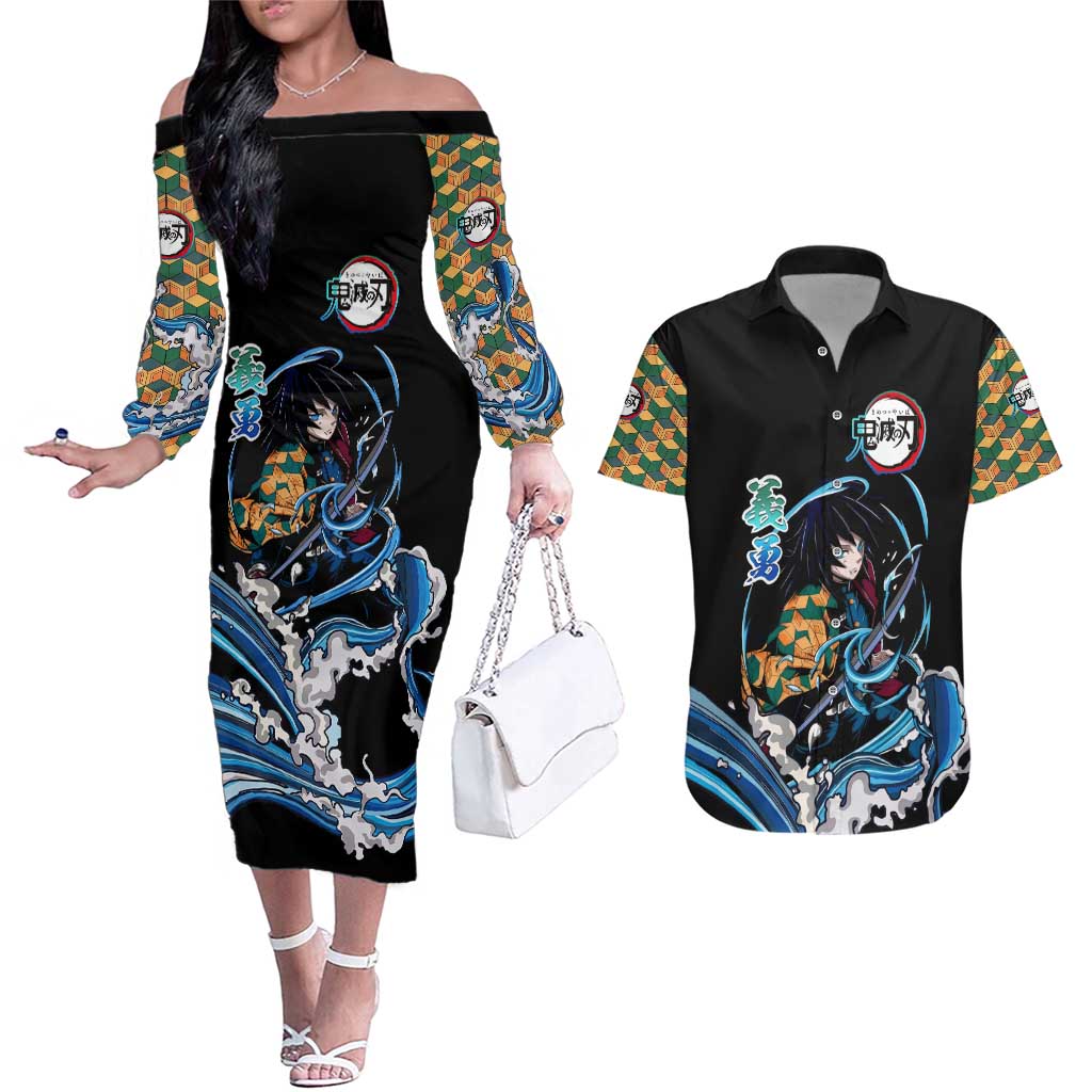 Giyu Tomioka Demon Slayer Couples Matching Off The Shoulder Long Sleeve Dress and Hawaiian Shirt with Green and Orange Cube Water Style Design - The Mazicc