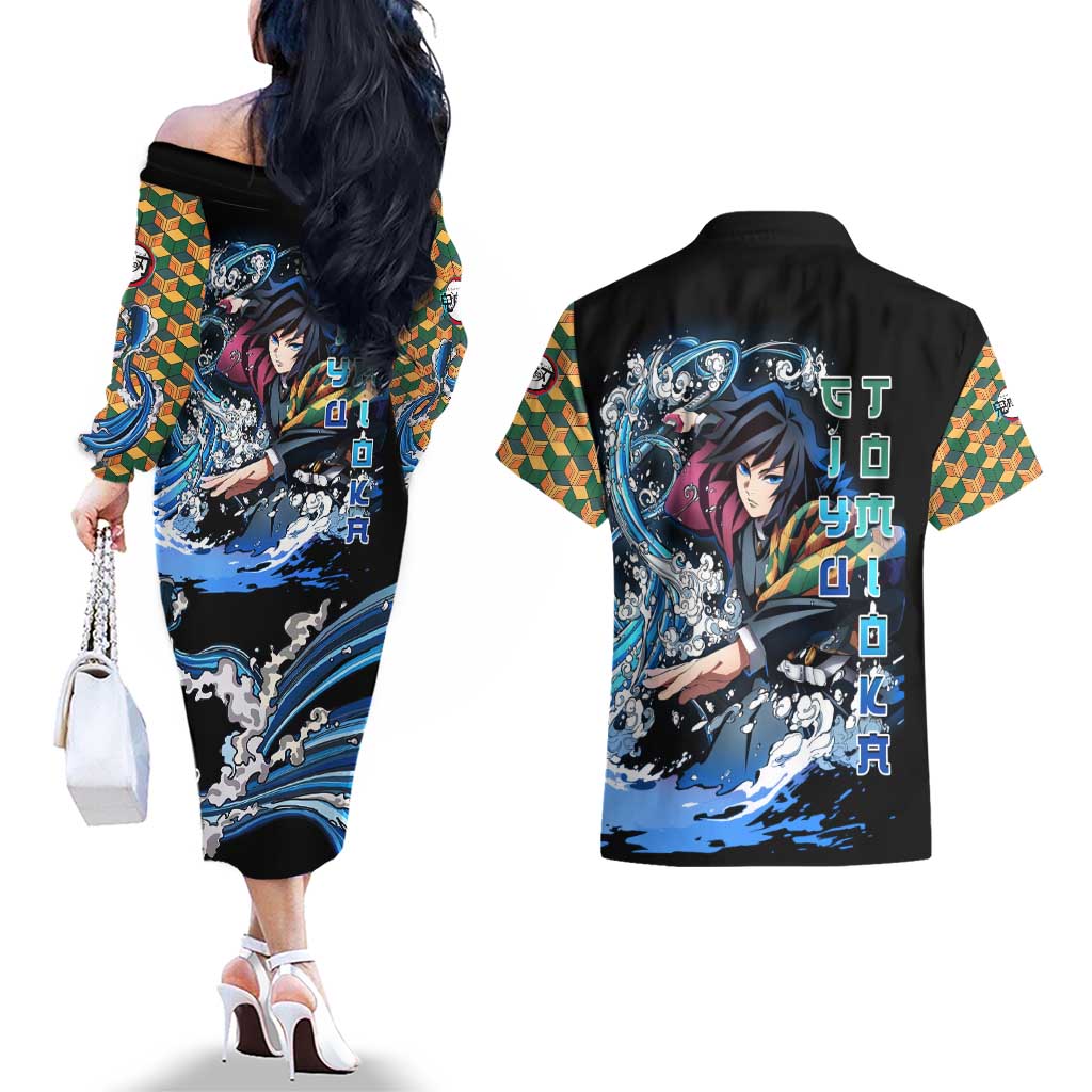 Giyu Tomioka Demon Slayer Couples Matching Off The Shoulder Long Sleeve Dress and Hawaiian Shirt with Green and Orange Cube Water Style Design - The Mazicc