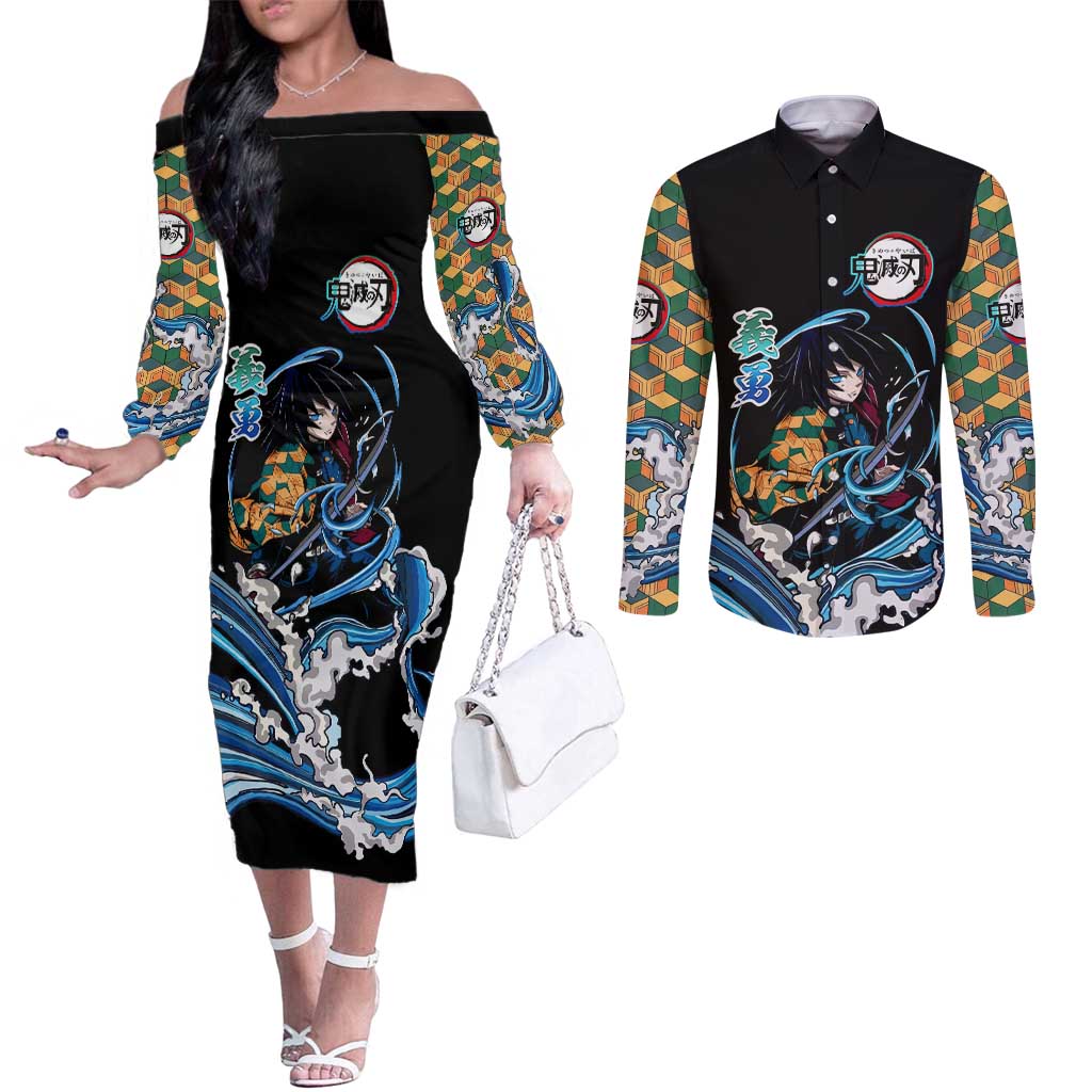 Giyu Tomioka Demon Slayer Couples Matching Off The Shoulder Long Sleeve Dress and Long Sleeve Button Shirt with Green and Orange Cube Water Style Design - The Mazicc