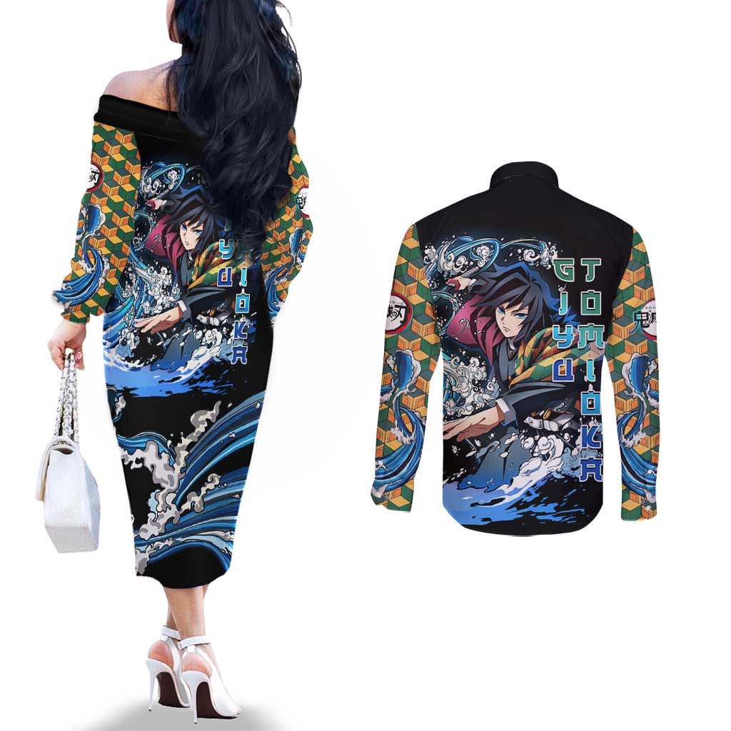 Giyu Tomioka Demon Slayer Couples Matching Off The Shoulder Long Sleeve Dress and Long Sleeve Button Shirt with Green and Orange Cube Water Style Design - The Mazicc