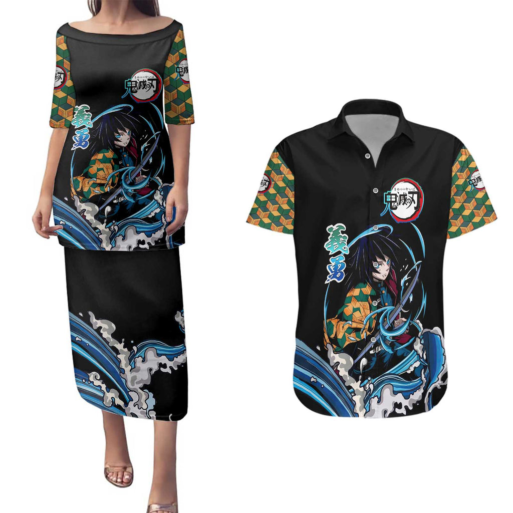 Giyu Tomioka Demon Slayer Couples Matching Puletasi and Hawaiian Shirt with Green and Orange Cube Water Style Design - The Mazicc