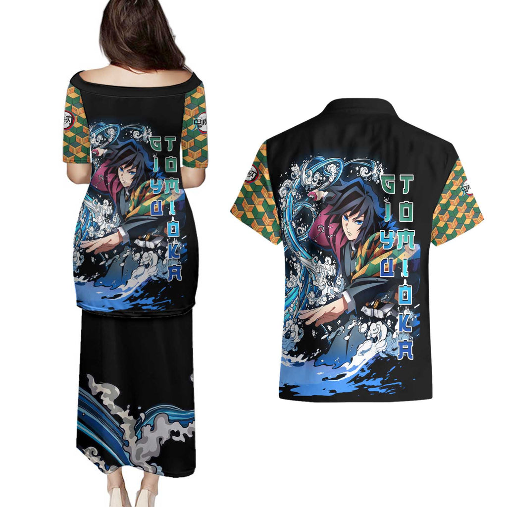 Giyu Tomioka Demon Slayer Couples Matching Puletasi and Hawaiian Shirt with Green and Orange Cube Water Style Design - The Mazicc