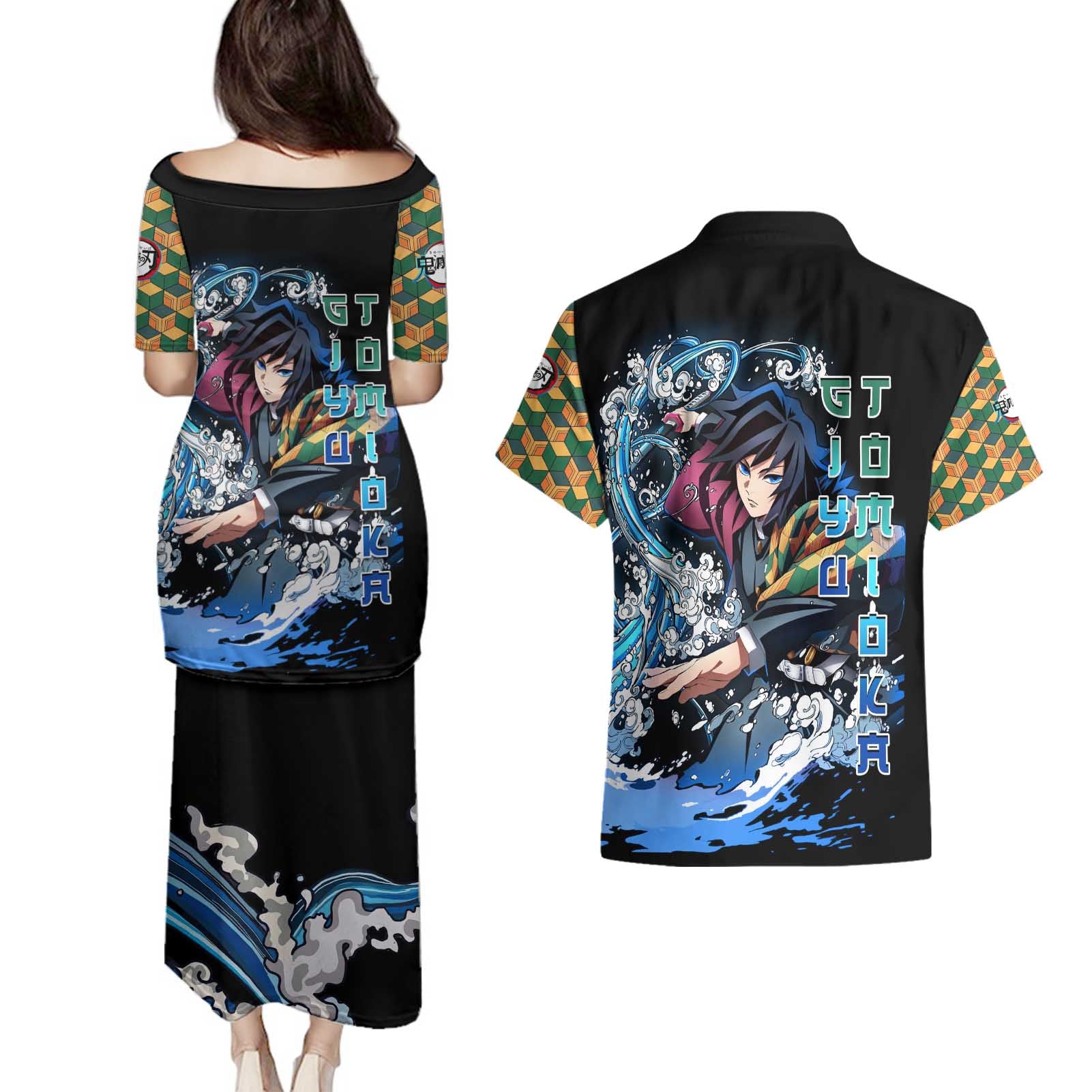 Giyu Tomioka Demon Slayer Couples Matching Puletasi and Hawaiian Shirt with Green and Orange Cube Water Style Design - The Mazicc
