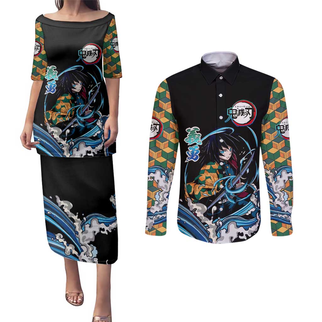 Giyu Tomioka Demon Slayer Couples Matching Puletasi and Long Sleeve Button Shirt with Green and Orange Cube Water Style Design - The Mazicc