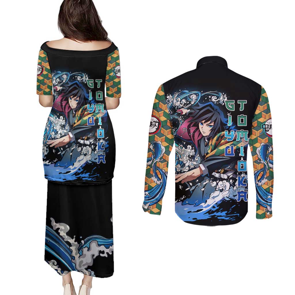 Giyu Tomioka Demon Slayer Couples Matching Puletasi and Long Sleeve Button Shirt with Green and Orange Cube Water Style Design - The Mazicc