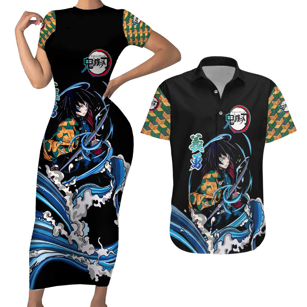 Giyu Tomioka Demon Slayer Couples Matching Short Sleeve Bodycon Dress and Hawaiian Shirt with Green and Orange Cube Water Style Design - The Mazicc