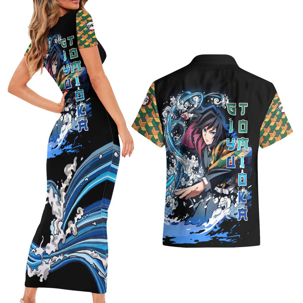 Giyu Tomioka Demon Slayer Couples Matching Short Sleeve Bodycon Dress and Hawaiian Shirt with Green and Orange Cube Water Style Design - The Mazicc
