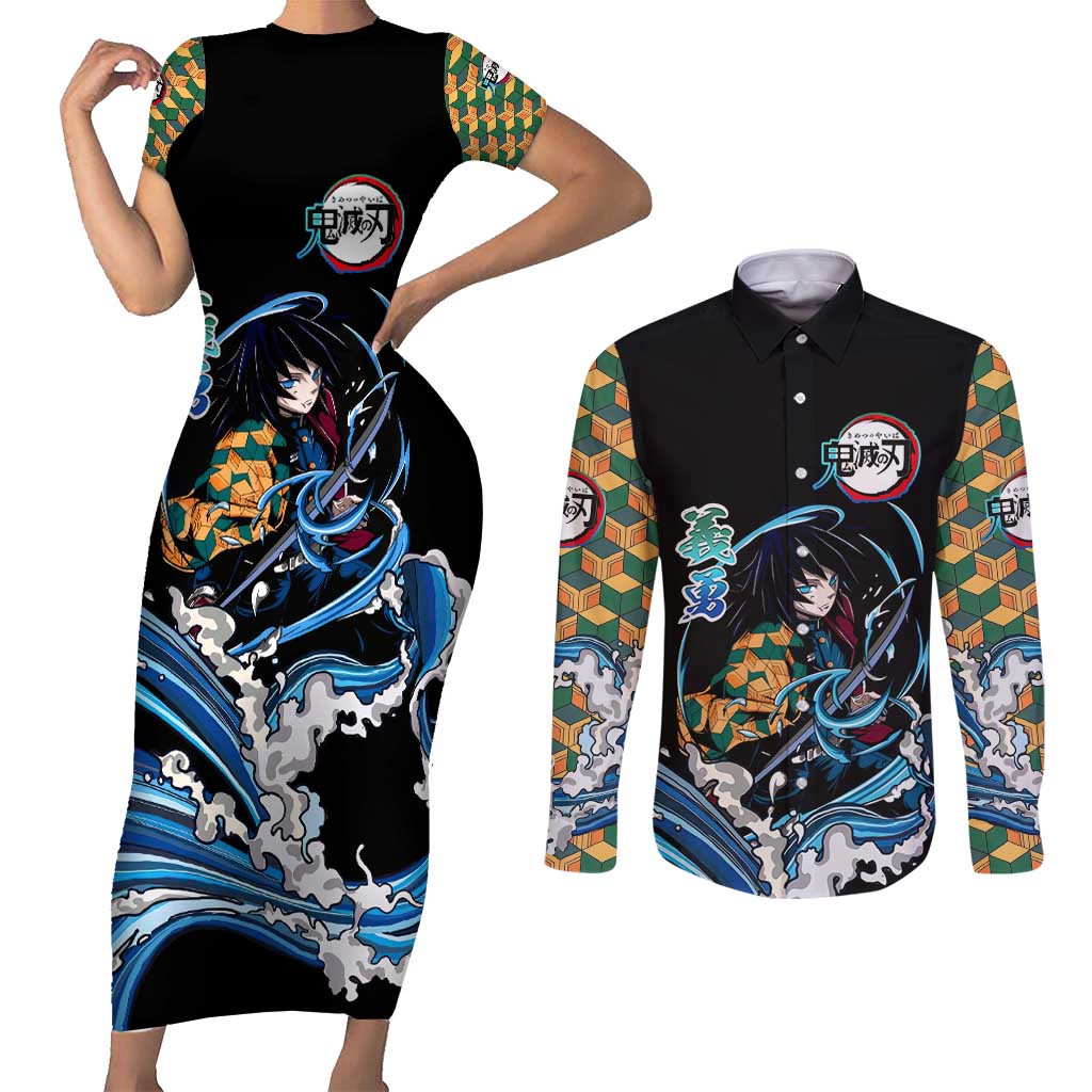 Giyu Tomioka Demon Slayer Couples Matching Short Sleeve Bodycon Dress and Long Sleeve Button Shirt with Green and Orange Cube Water Style Design - The Mazicc
