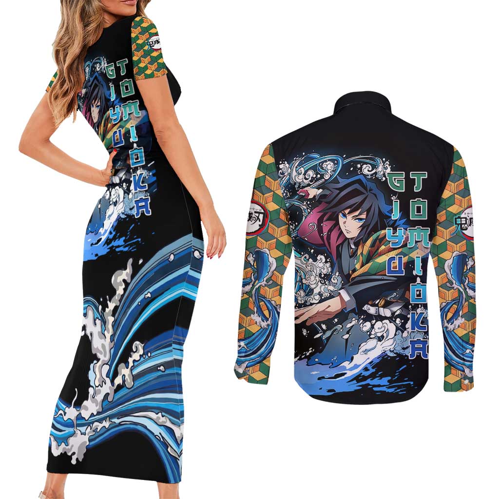 Giyu Tomioka Demon Slayer Couples Matching Short Sleeve Bodycon Dress and Long Sleeve Button Shirt with Green and Orange Cube Water Style Design - The Mazicc