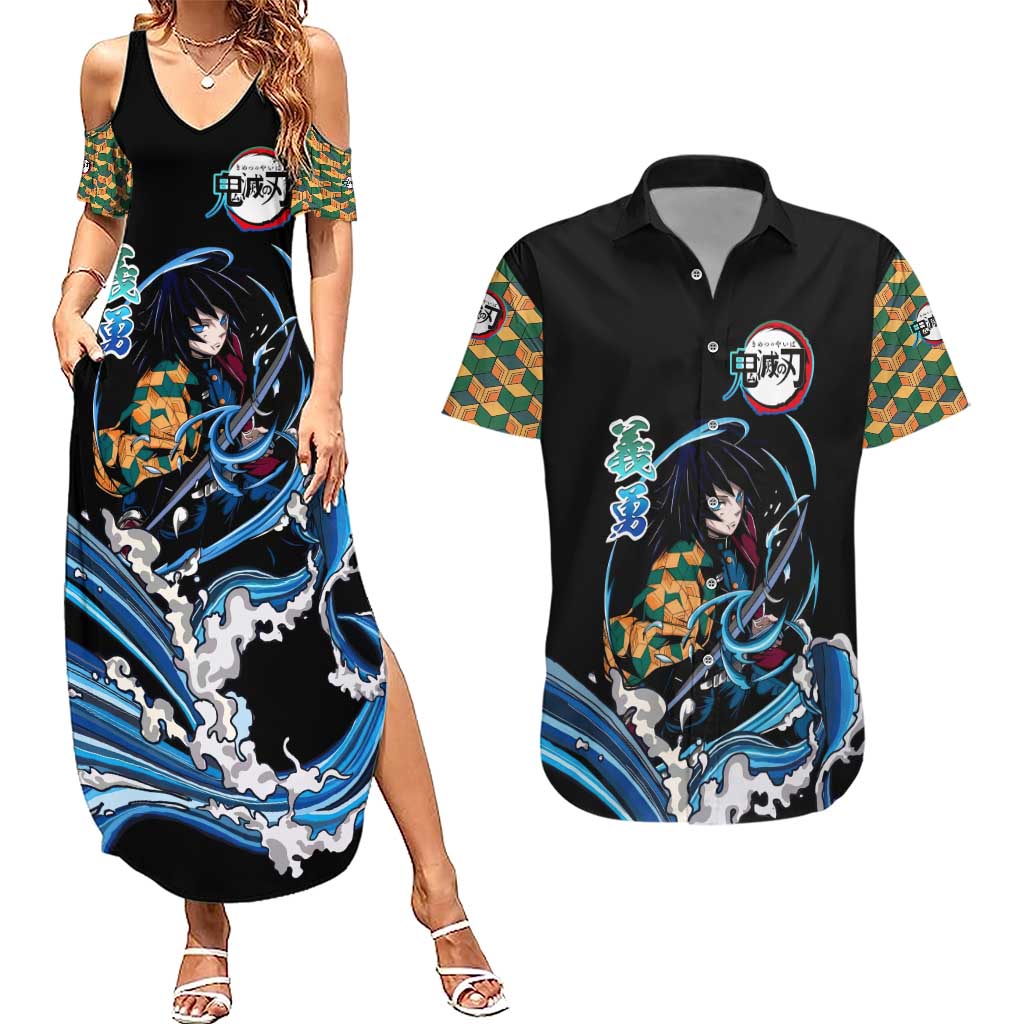 Giyu Tomioka Demon Slayer Couples Matching Summer Maxi Dress and Hawaiian Shirt with Green and Orange Cube Water Style Design - The Mazicc