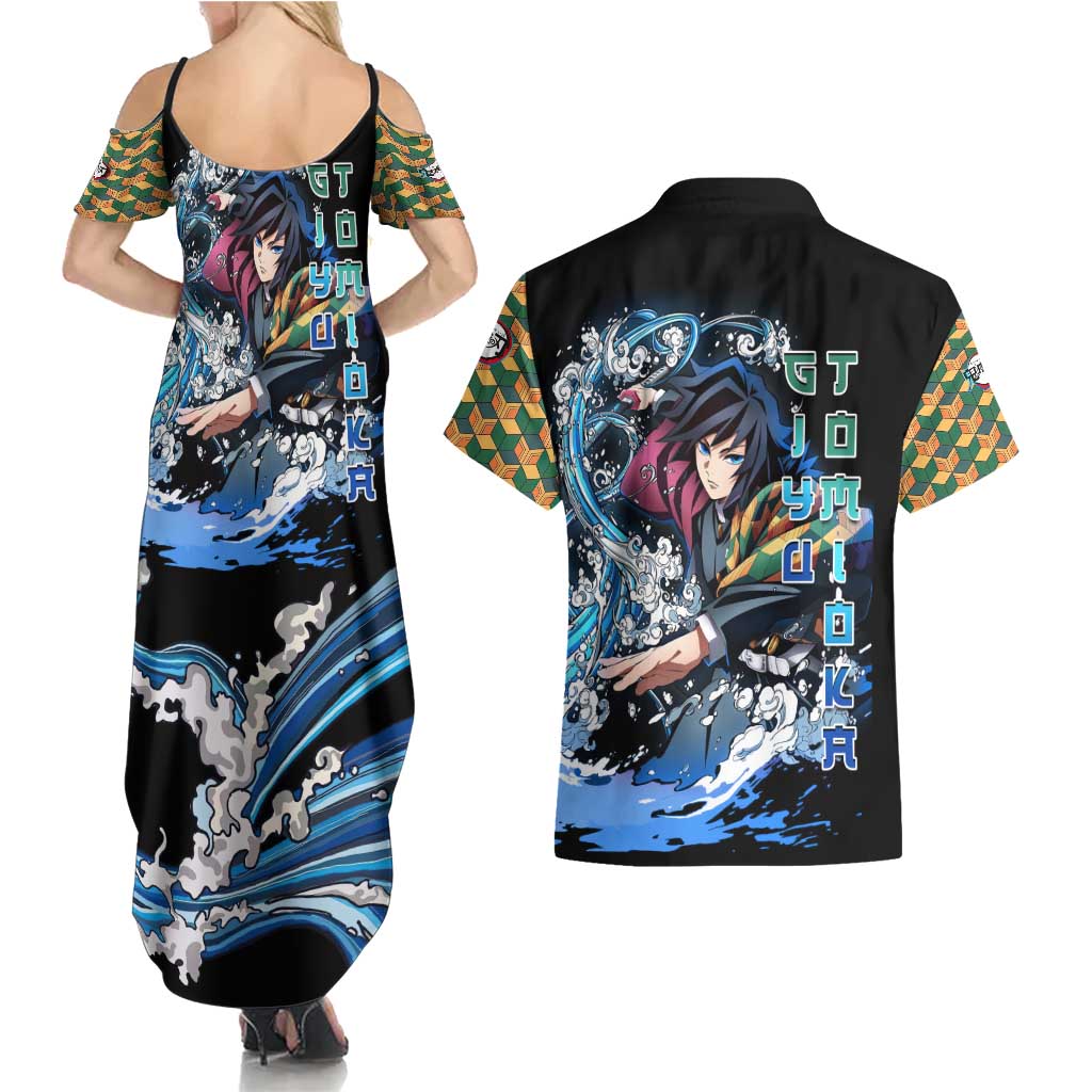 Giyu Tomioka Demon Slayer Couples Matching Summer Maxi Dress and Hawaiian Shirt with Green and Orange Cube Water Style Design - The Mazicc