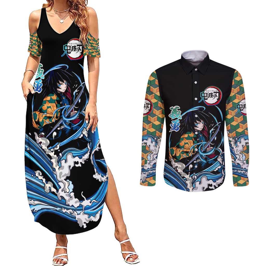 Giyu Tomioka Demon Slayer Couples Matching Summer Maxi Dress and Long Sleeve Button Shirt with Green and Orange Cube Water Style Design - The Mazicc