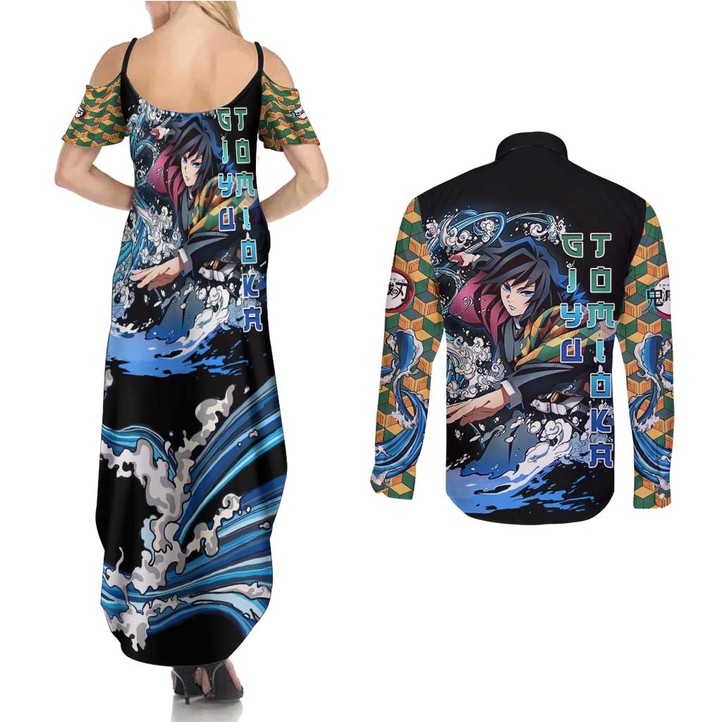 Giyu Tomioka Demon Slayer Couples Matching Summer Maxi Dress and Long Sleeve Button Shirt with Green and Orange Cube Water Style Design - The Mazicc