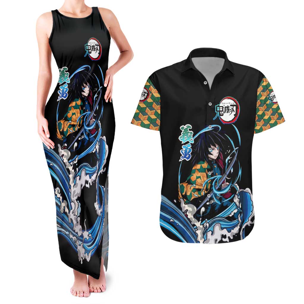 Giyu Tomioka Demon Slayer Couples Matching Tank Maxi Dress and Hawaiian Shirt with Green and Orange Cube Water Style Design - The Mazicc