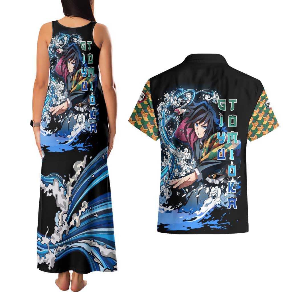 Giyu Tomioka Demon Slayer Couples Matching Tank Maxi Dress and Hawaiian Shirt with Green and Orange Cube Water Style Design - The Mazicc
