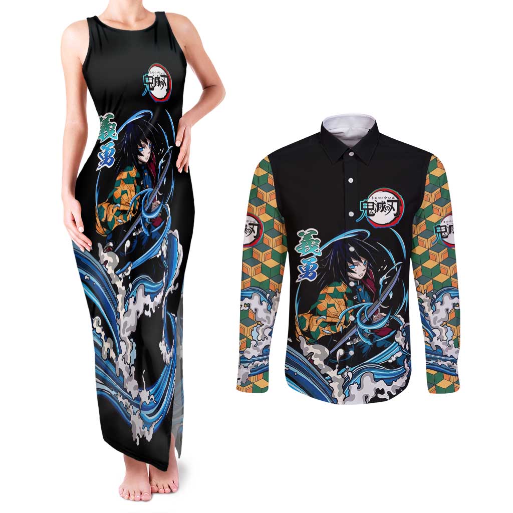 Giyu Tomioka Demon Slayer Couples Matching Tank Maxi Dress and Long Sleeve Button Shirt with Green and Orange Cube Water Style Design - The Mazicc