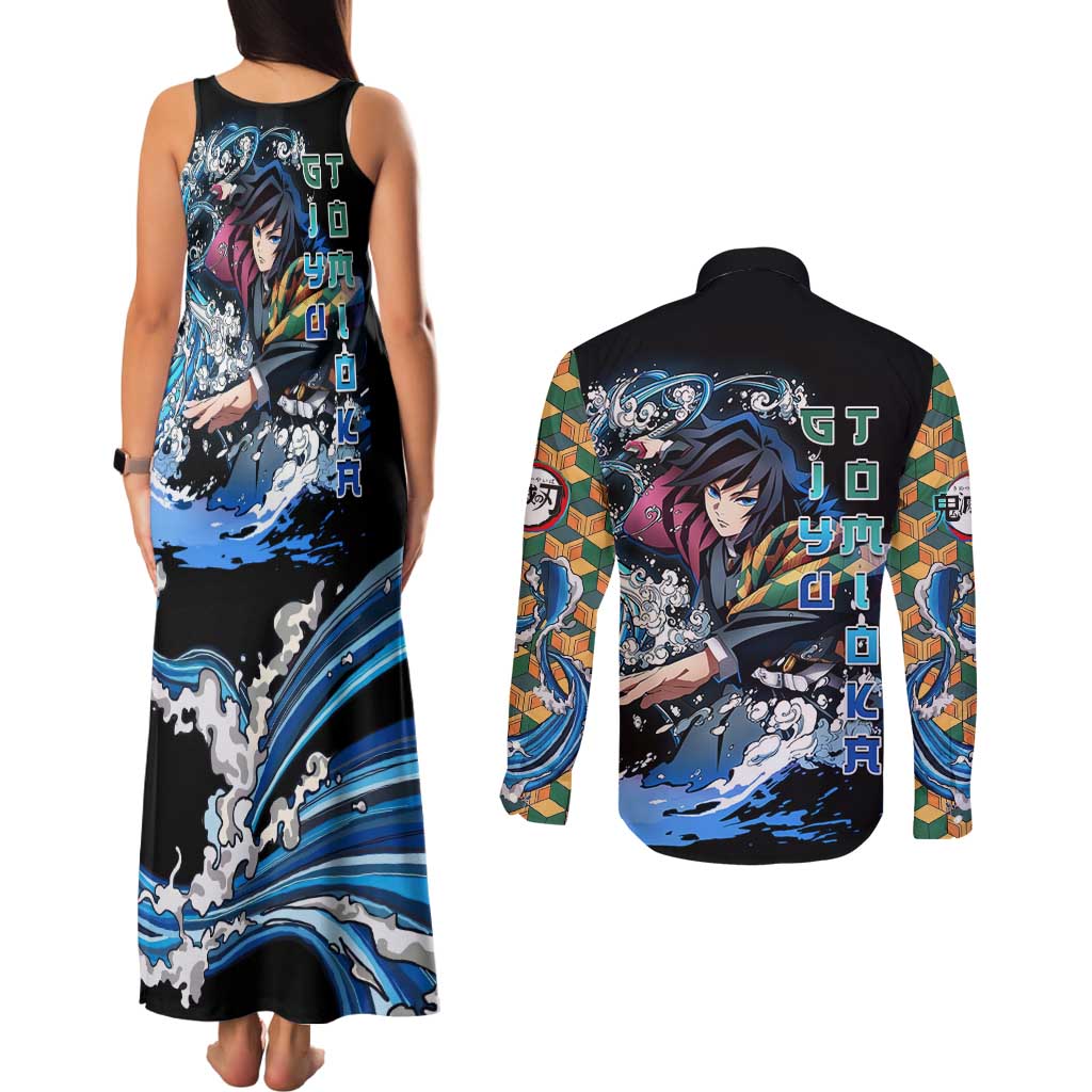 Giyu Tomioka Demon Slayer Couples Matching Tank Maxi Dress and Long Sleeve Button Shirt with Green and Orange Cube Water Style Design - The Mazicc