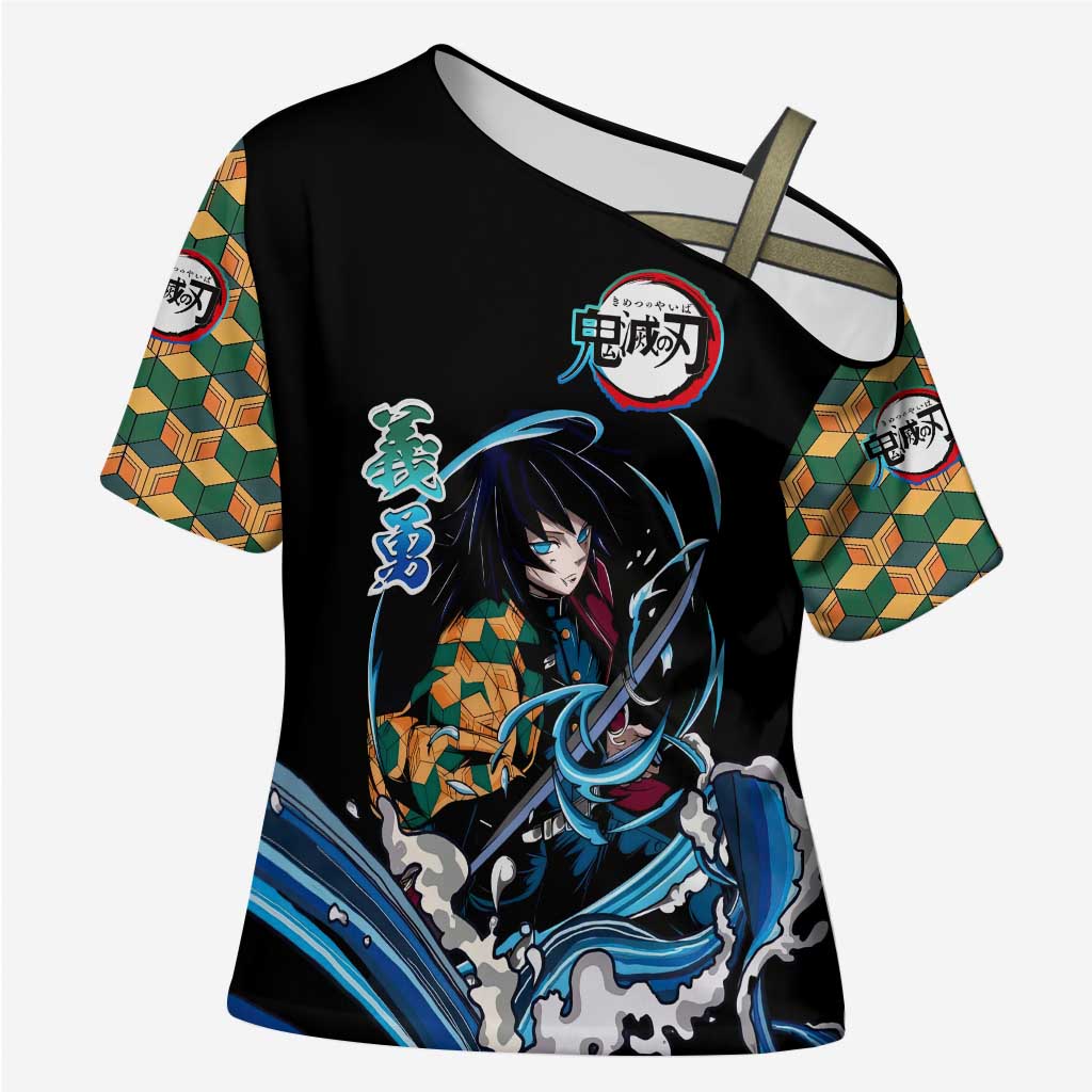 Giyu Tomioka Demon Slayer Cross Shoulder Shirt with Green and Orange Cube Water Style Design - The Mazicc