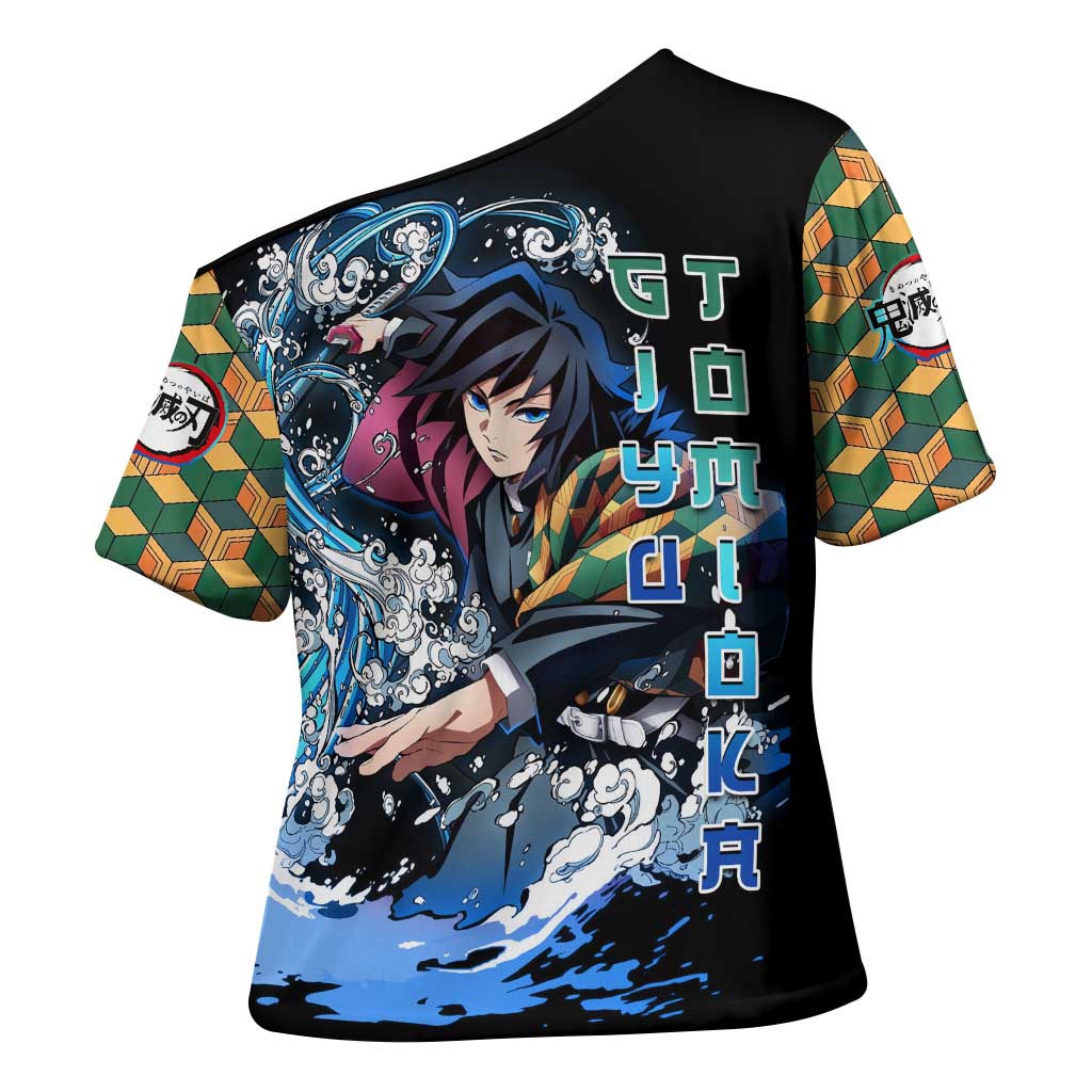 Giyu Tomioka Demon Slayer Cross Shoulder Shirt with Green and Orange Cube Water Style Design - The Mazicc