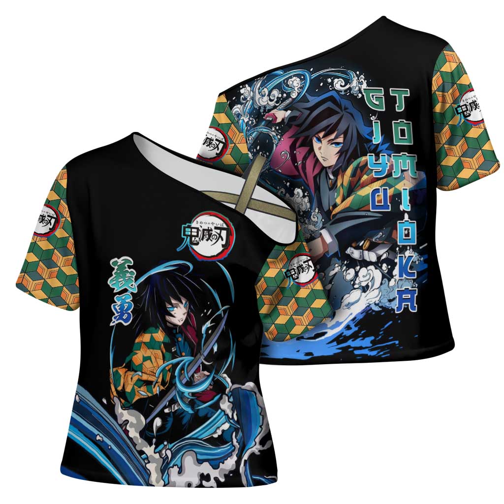 Giyu Tomioka Demon Slayer Cross Shoulder Shirt with Green and Orange Cube Water Style Design - The Mazicc