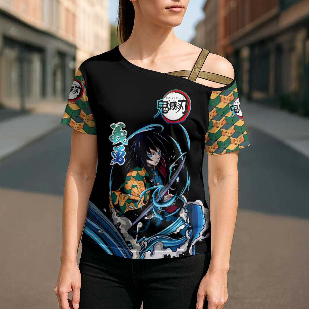 Giyu Tomioka Demon Slayer Cross Shoulder Shirt with Green and Orange Cube Water Style Design - The Mazicc