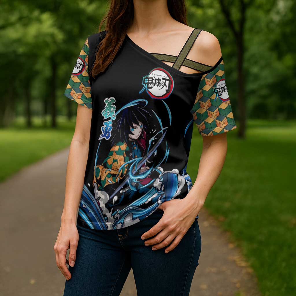 Giyu Tomioka Demon Slayer Cross Shoulder Shirt with Green and Orange Cube Water Style Design - The Mazicc