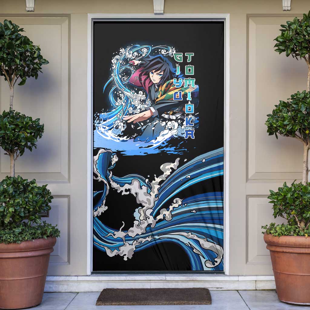 Giyu Tomioka Demon Slayer Door Cover with Green and Orange Cube Water Style Design - The Mazicc
