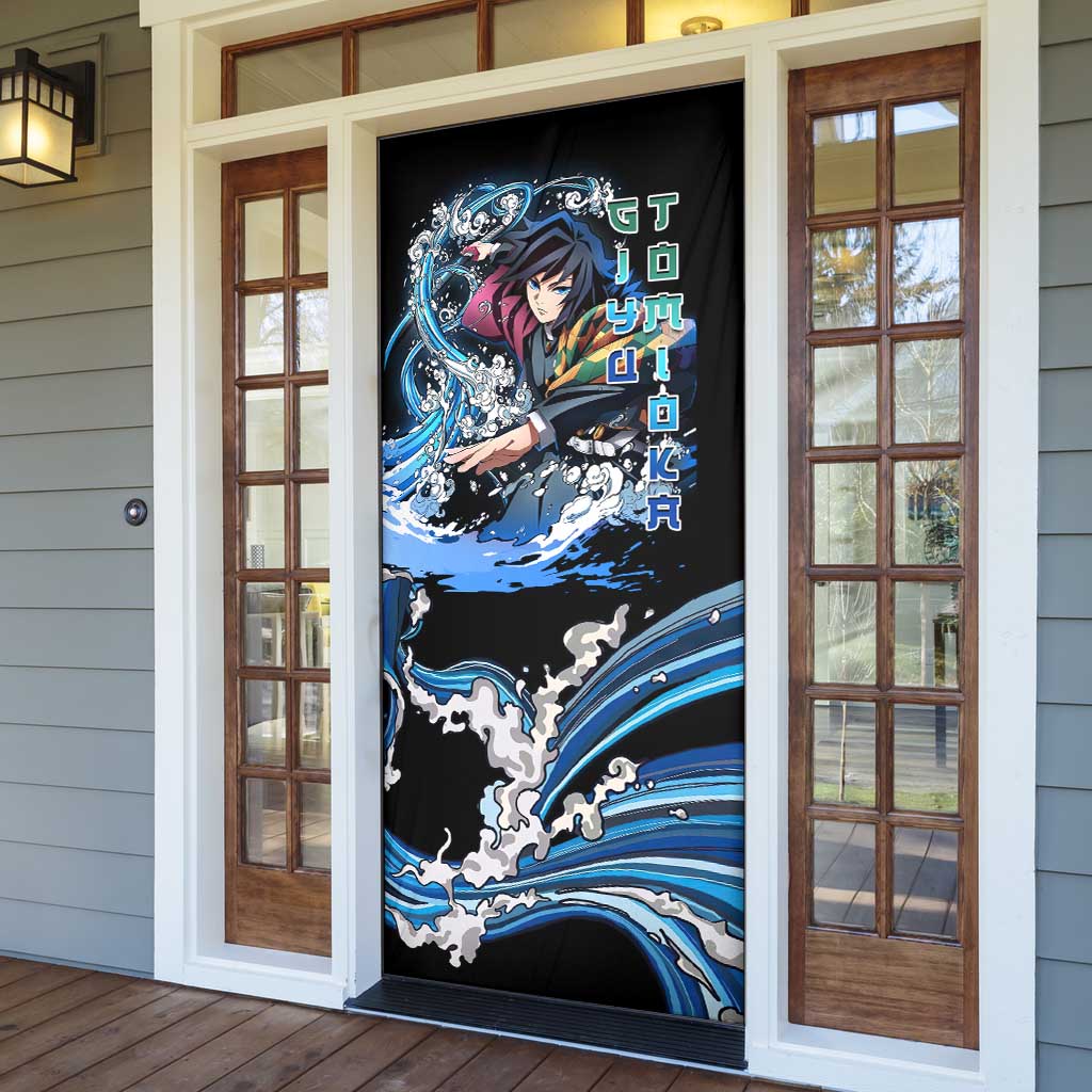 Giyu Tomioka Demon Slayer Door Cover with Green and Orange Cube Water Style Design - The Mazicc
