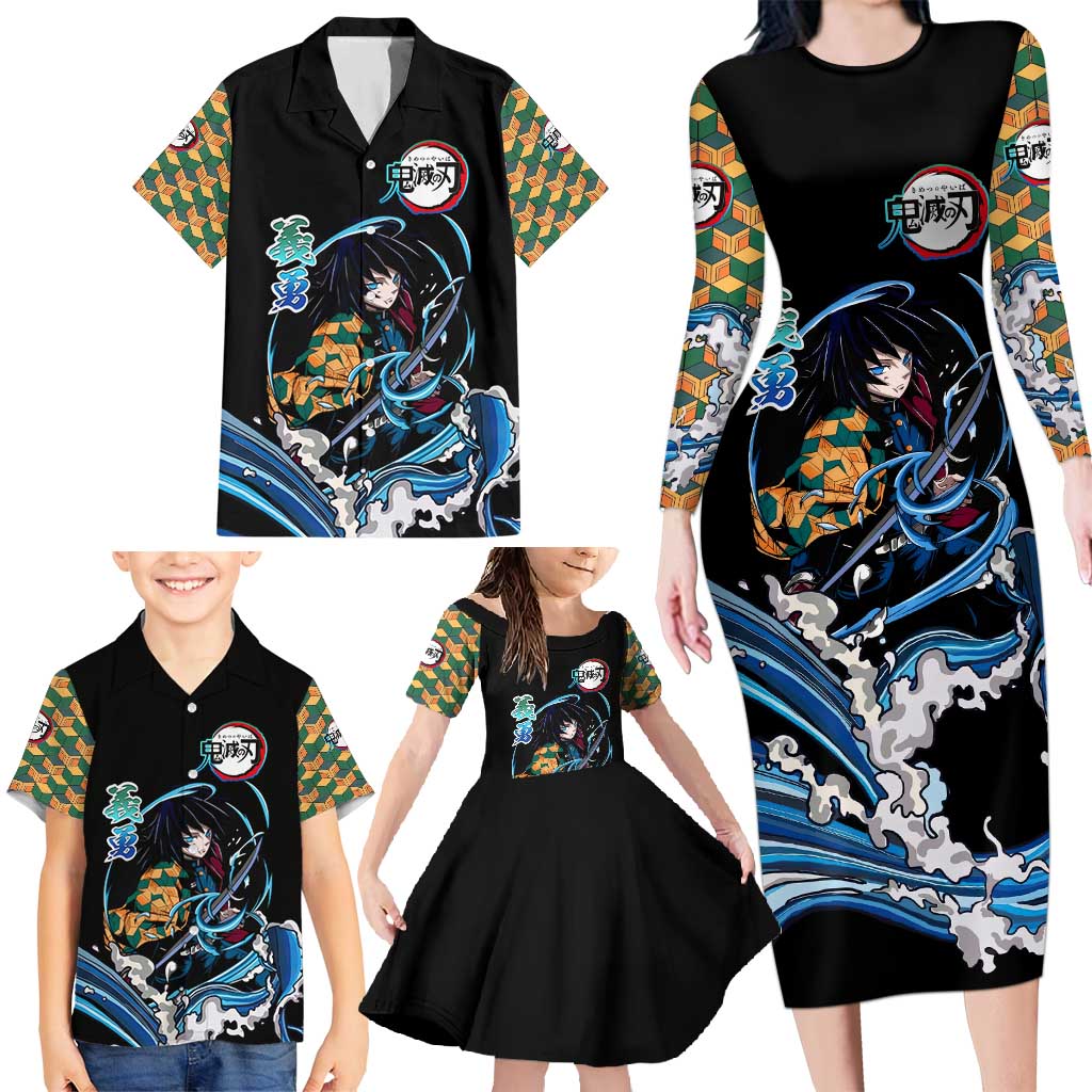 Giyu Tomioka Demon Slayer Family Matching Long Sleeve Bodycon Dress and Hawaiian Shirt with Green and Orange Cube Water Style Design - The Mazicc