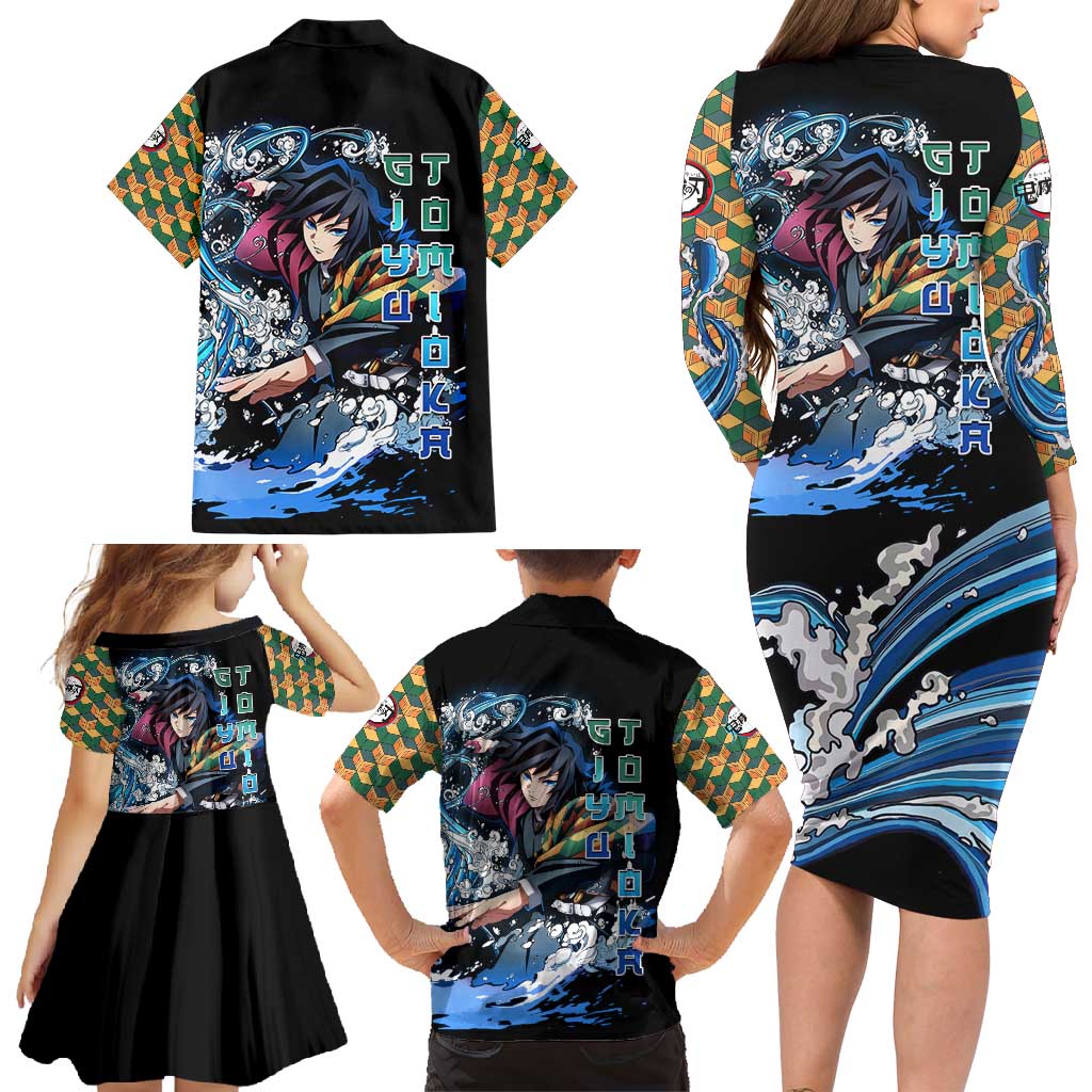 Giyu Tomioka Demon Slayer Family Matching Long Sleeve Bodycon Dress and Hawaiian Shirt with Green and Orange Cube Water Style Design - The Mazicc