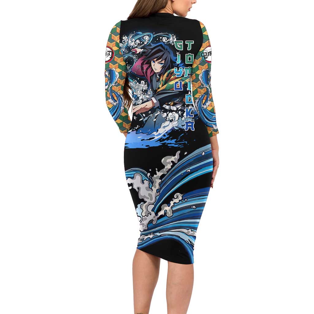 Giyu Tomioka Demon Slayer Family Matching Long Sleeve Bodycon Dress and Hawaiian Shirt with Green and Orange Cube Water Style Design - The Mazicc