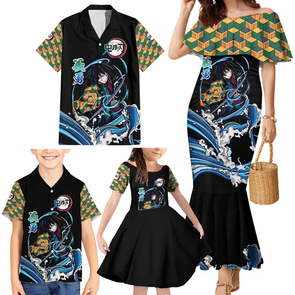 Giyu Tomioka Demon Slayer Family Matching Mermaid Dress and Hawaiian Shirt with Green and Orange Cube Water Style Design - The Mazicc