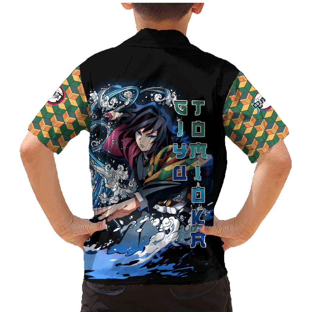 Giyu Tomioka Demon Slayer Family Matching Mermaid Dress and Hawaiian Shirt with Green and Orange Cube Water Style Design - The Mazicc