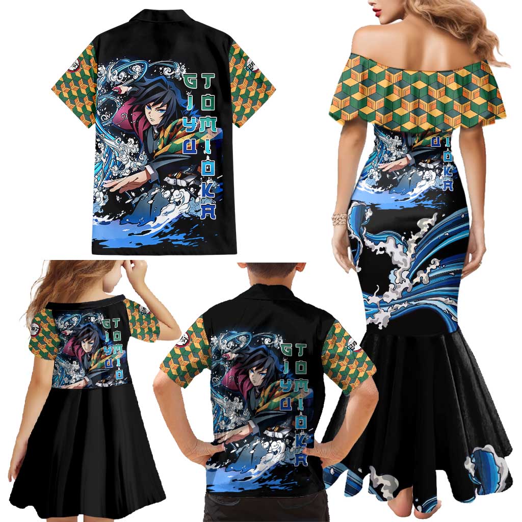 Giyu Tomioka Demon Slayer Family Matching Mermaid Dress and Hawaiian Shirt with Green and Orange Cube Water Style Design - The Mazicc