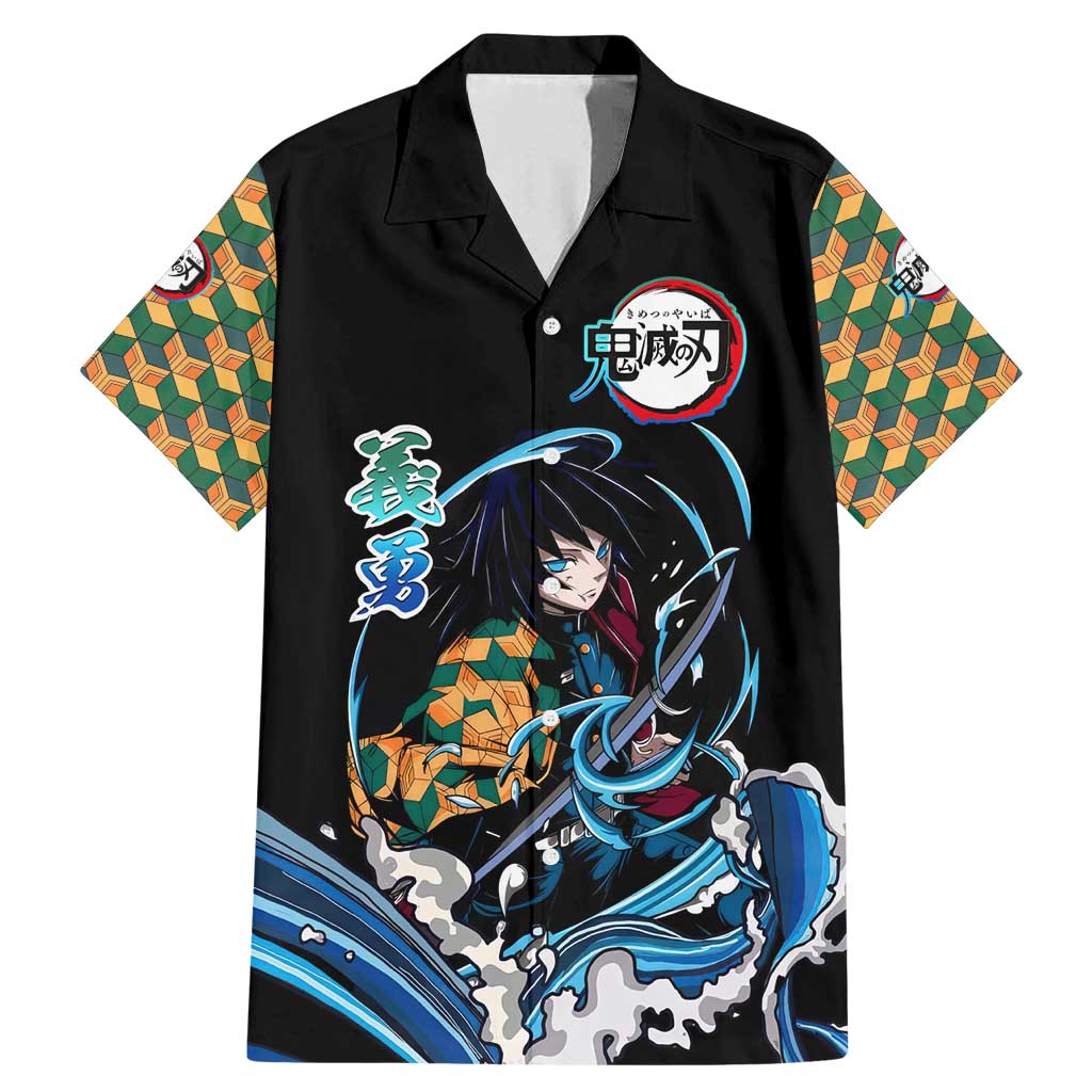 Giyu Tomioka Demon Slayer Family Matching Mermaid Dress and Hawaiian Shirt with Green and Orange Cube Water Style Design - The Mazicc