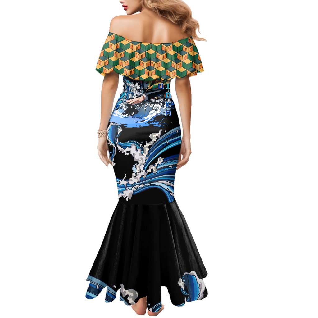 Giyu Tomioka Demon Slayer Family Matching Mermaid Dress and Hawaiian Shirt with Green and Orange Cube Water Style Design - The Mazicc