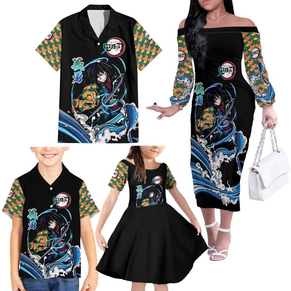 Giyu Tomioka Demon Slayer Family Matching Off The Shoulder Long Sleeve Dress and Hawaiian Shirt with Green and Orange Cube Water Style Design - The Mazicc