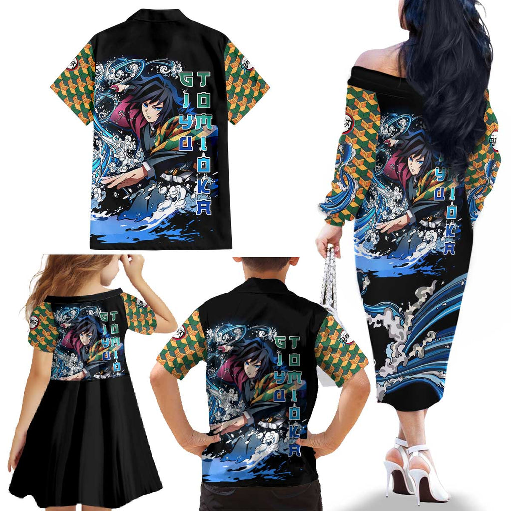 Giyu Tomioka Demon Slayer Family Matching Off The Shoulder Long Sleeve Dress and Hawaiian Shirt with Green and Orange Cube Water Style Design - The Mazicc