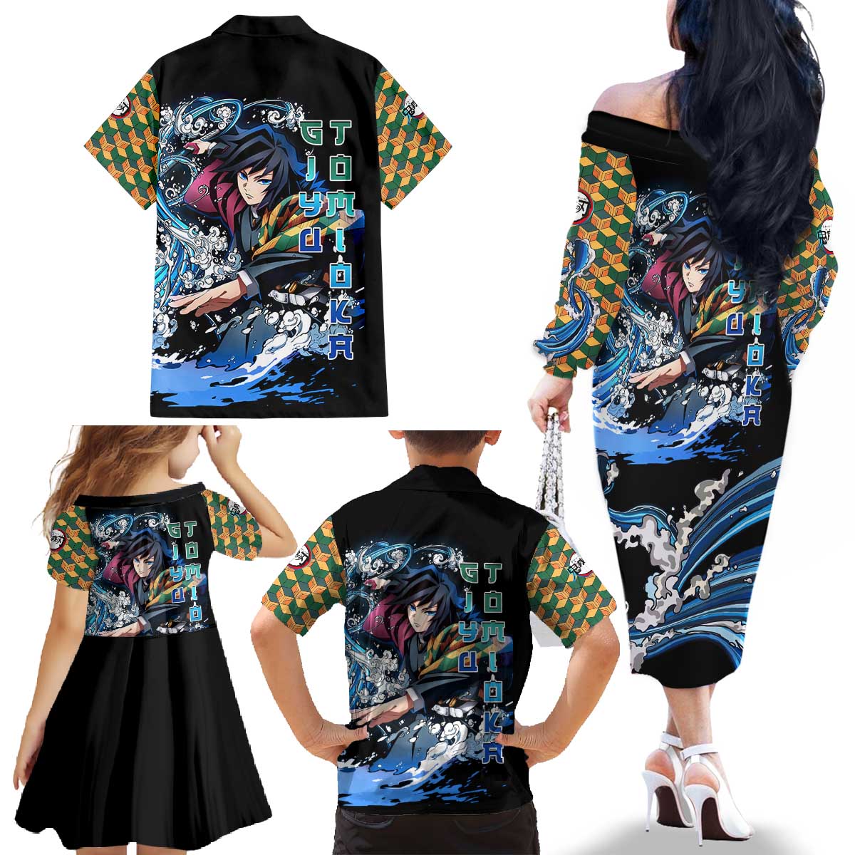 Giyu Tomioka Demon Slayer Family Matching Off The Shoulder Long Sleeve Dress and Hawaiian Shirt with Green and Orange Cube Water Style Design - The Mazicc