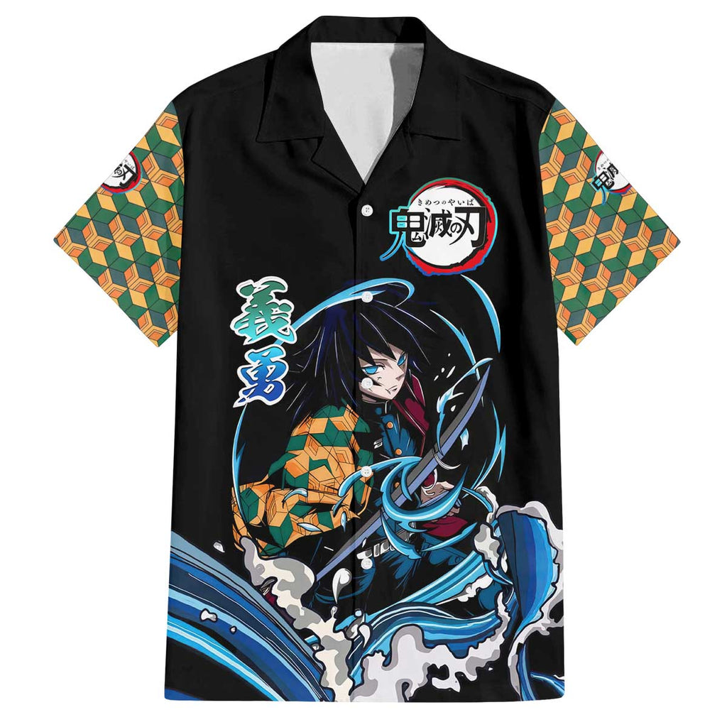 Giyu Tomioka Demon Slayer Family Matching Off The Shoulder Long Sleeve Dress and Hawaiian Shirt with Green and Orange Cube Water Style Design - The Mazicc