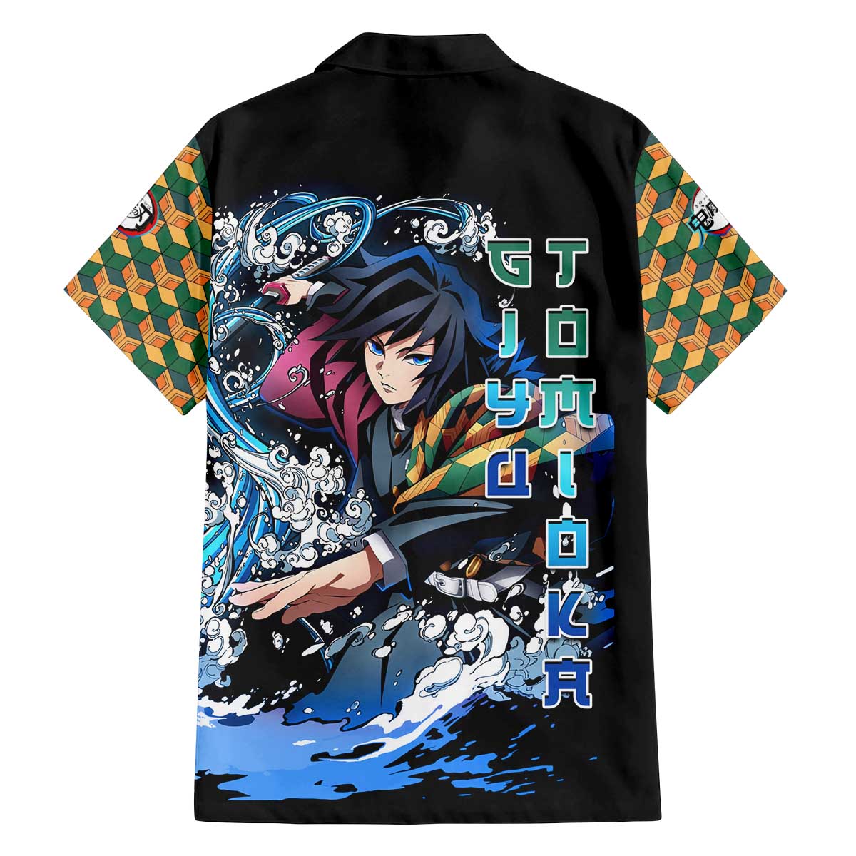Giyu Tomioka Demon Slayer Family Matching Off The Shoulder Long Sleeve Dress and Hawaiian Shirt with Green and Orange Cube Water Style Design - The Mazicc