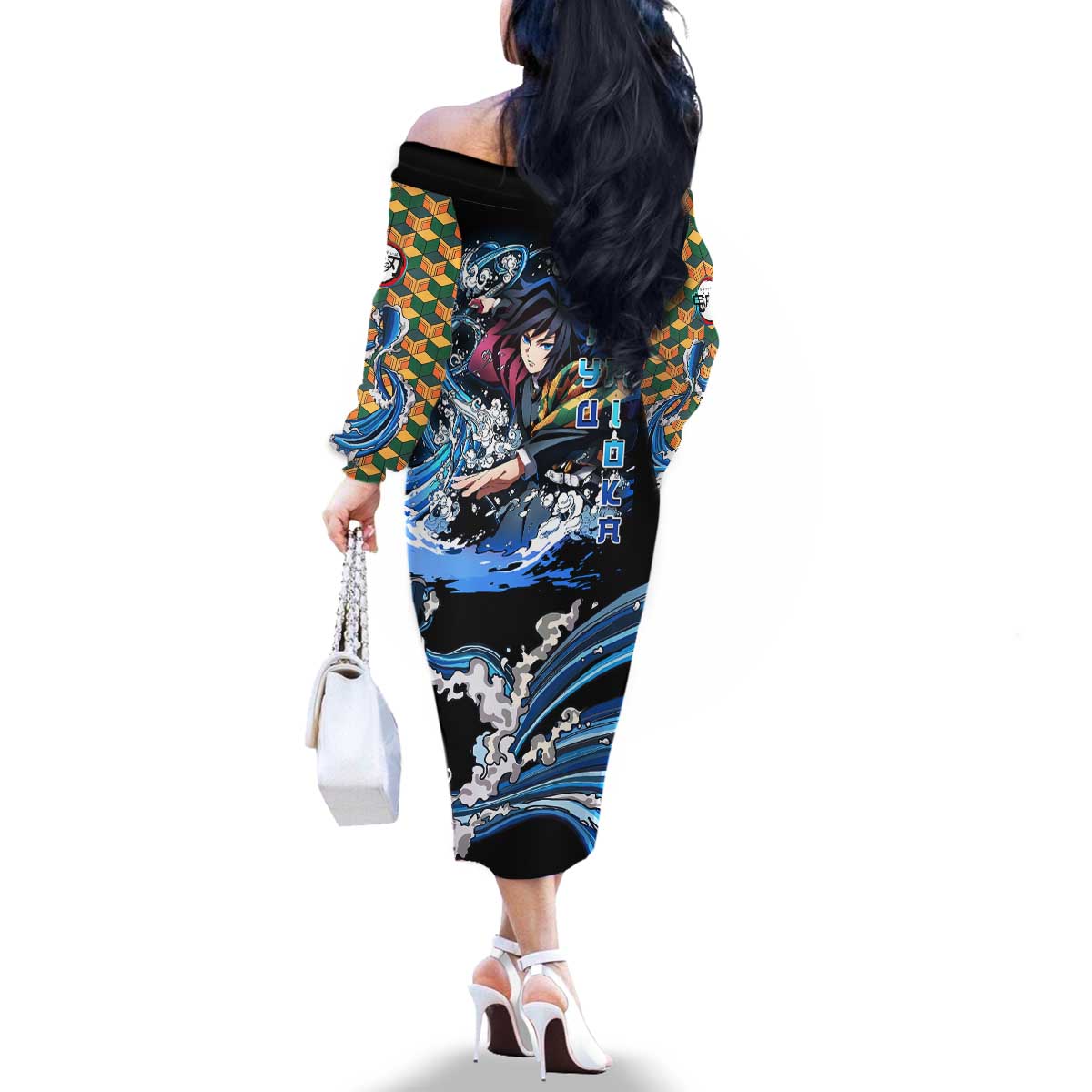 Giyu Tomioka Demon Slayer Family Matching Off The Shoulder Long Sleeve Dress and Hawaiian Shirt with Green and Orange Cube Water Style Design - The Mazicc