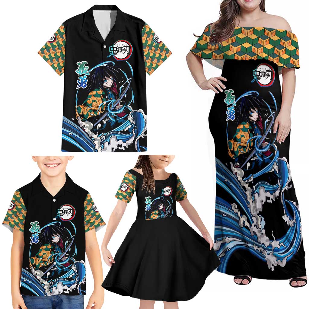 Giyu Tomioka Demon Slayer Family Matching Off Shoulder Maxi Dress and Hawaiian Shirt with Green and Orange Cube Water Style Design - The Mazicc