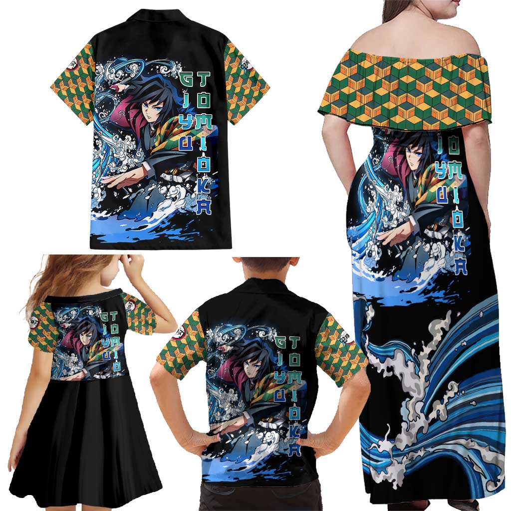 Giyu Tomioka Demon Slayer Family Matching Off Shoulder Maxi Dress and Hawaiian Shirt with Green and Orange Cube Water Style Design - The Mazicc