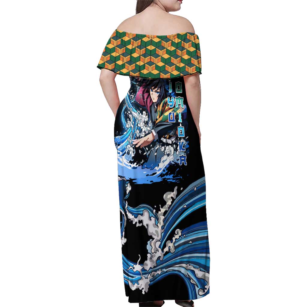 Giyu Tomioka Demon Slayer Family Matching Off Shoulder Maxi Dress and Hawaiian Shirt with Green and Orange Cube Water Style Design - The Mazicc
