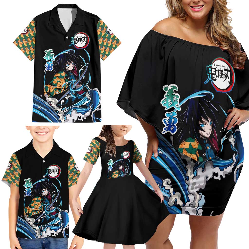 Giyu Tomioka Demon Slayer Family Matching Off Shoulder Short Dress and Hawaiian Shirt with Green and Orange Cube Water Style Design - The Mazicc